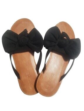 Women's Black Bow Slide Sandals with Tan Footbed